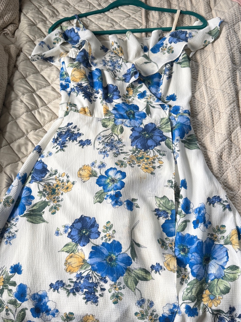 by & by White Floral Asymmetrical Dress with Blue and Yellow Flowers